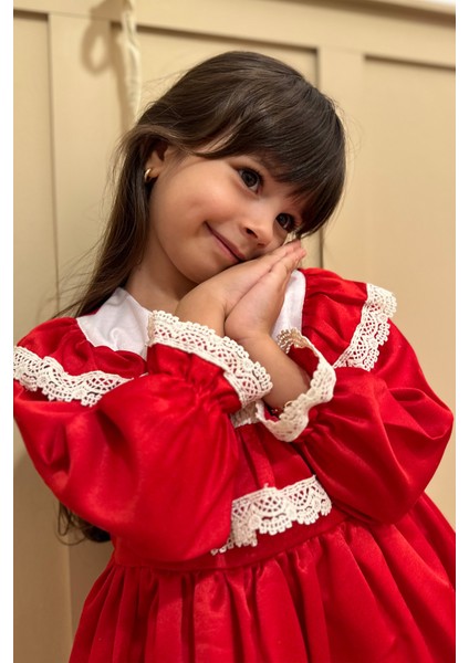 ALYRA Kız Çocuk Elbise Kız Bebek Dantelli Uzun Kollu Astarlı Vintage Doğum Günü Parti Düğün Abiye Tüllü Saten Elbise Çocuk Giyim ALY0260