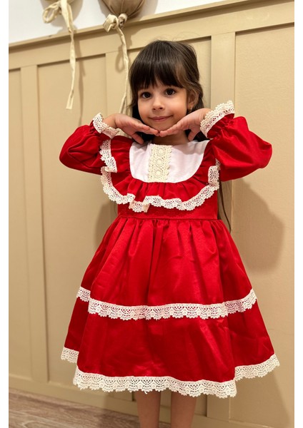 ALYRA Kız Çocuk Elbise Kız Bebek Dantelli Uzun Kollu Astarlı Vintage Doğum Günü Parti Düğün Abiye Tüllü Saten Elbise Çocuk Giyim ALY0260