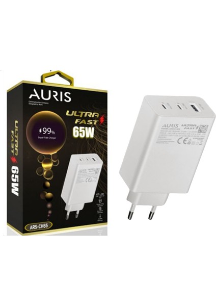 Aurıs 65W Salise Ölçerli USB + 2 Usb-C Girişli Ultra Hızlı Telefon Şarj Başlığı