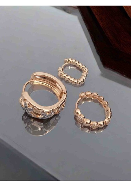316L Gold Çelik Kararmaz Zirkon Taşlı Çoklu 3'lü Ysx Küpe Seti