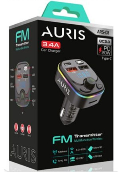 Aurıs Çakmaklığı Takılan 2 USB + 1 Type-C Girişli Aux Jaklı Mp3 Çalar Fm Adaptör Ü ( Transmıtter )