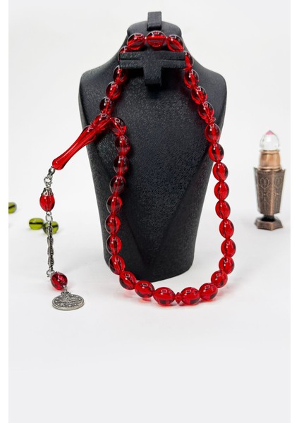 Kırmızı Sıkma Kehribar Taşı Tesbih Metal Püskül