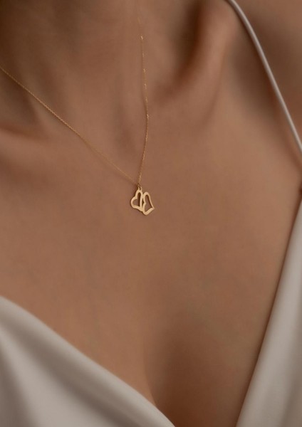 14 Ayar Altın İkiz Kalp Kolye modelleri