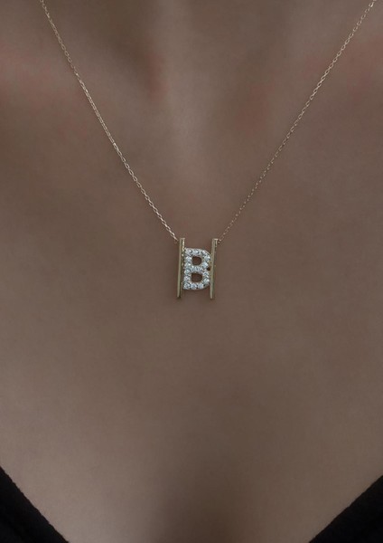 14 Ayar Altın Taşlı B Harfli Lamelle Kolye