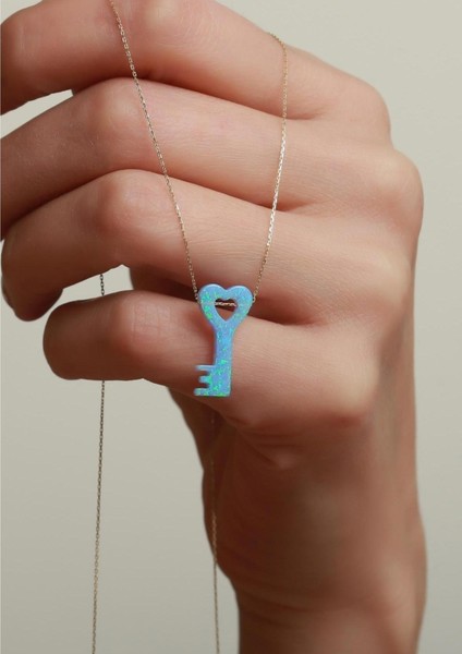 14 Ayar Altın Mavi Opal Taşlı Kalpli Anahtar Kolye