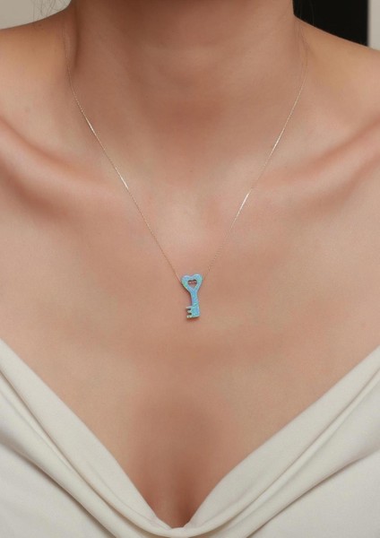 14 Ayar Altın Mavi Opal Taşlı Kalpli Anahtar Kolye fiyatları