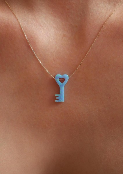 14 Ayar Altın Mavi Opal Taşlı Kalpli Anahtar Kolye indirimleri