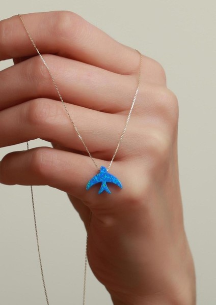 14 Ayar Altın Mavi Opal Taşlı Martı Kolye