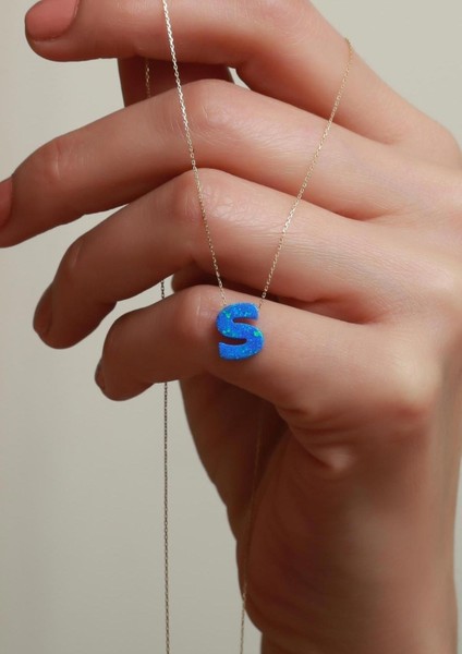 14 Ayar Altın Mavi Opal Taşlı S Harf Zincir Kolye