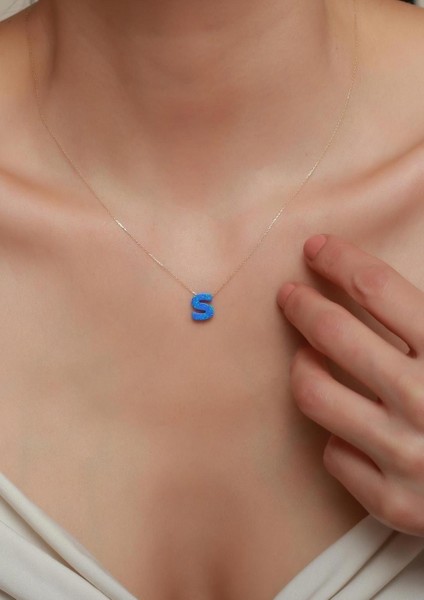 14 Ayar Altın Mavi Opal Taşlı S Harf Zincir Kolye modelleri