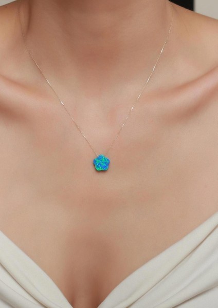 14 Ayar Altın Mavi Opal Taşlı Çiçek Kolye