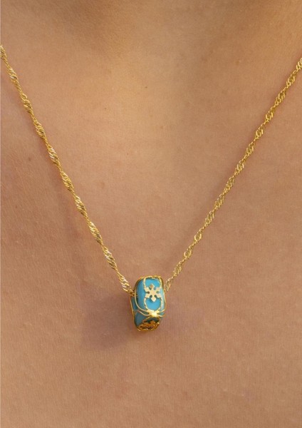 Altın Mavi Boncuklu Kafesli Singapur Kolye