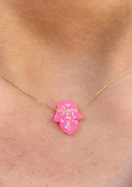 Altın Pembe Opal Taşlı Fatma Ana Eli Kolye