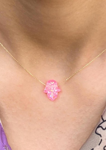 Altın Pembe Opal Taşlı Fatma Ana Eli Kolye fiyatları