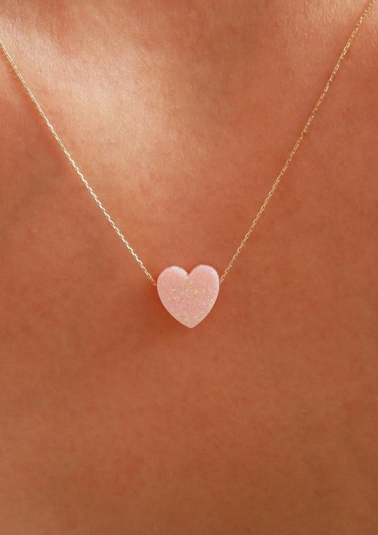 14 Ayar Altın Pembe Opal Taşlı Kalp Kolye