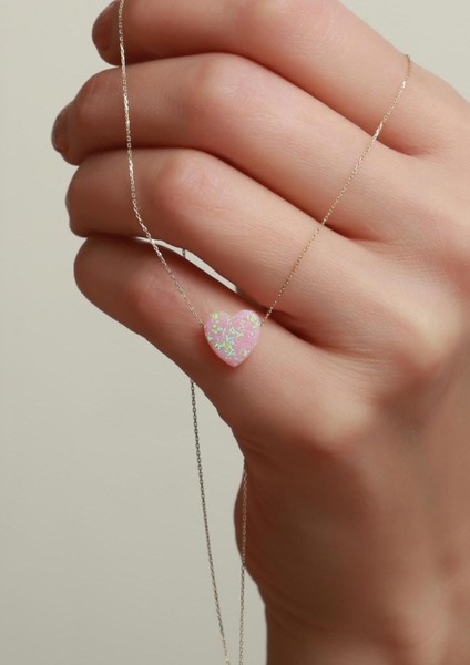 14 Ayar Altın Pembe Opal Taşlı Kalp Kolye fiyatları