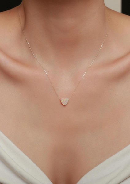 14 Ayar Altın Pembe Opal Taşlı Kalp Kolye modelleri