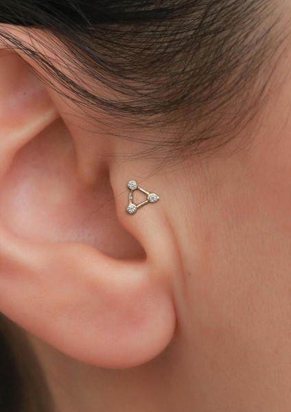 14 Ayar Altın Beyaz Taşlı Üçgen Tragus Piercing