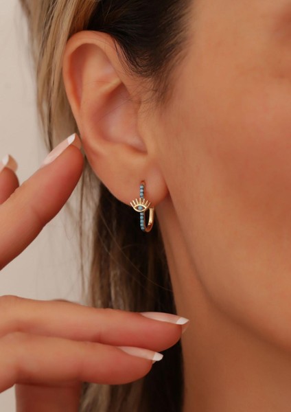 14 Ayar Altın Turkuaz Göz Detaylı Halka Küpe