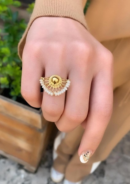 14 Ayar Altın İncili Yelpaze Model Yüzük fiyatları