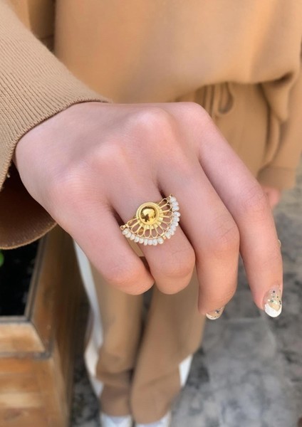 14 Ayar Altın İncili Yelpaze Model Yüzük