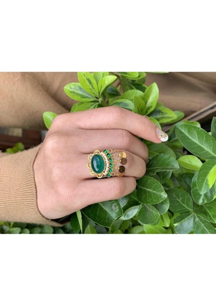 14 Ayar Altın Beş Pullu Yeşil Akik Yüzük fiyatları