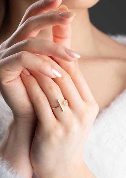 14 Ayar Altın Kalın Çizgi ve Kalp Yüzük