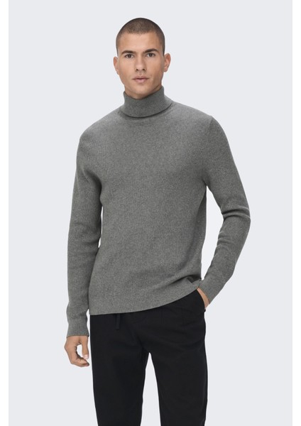 Onsphil Reg 12 Struc Roll Neck Knit Noos Erkek Gri Kazak - 22023202
