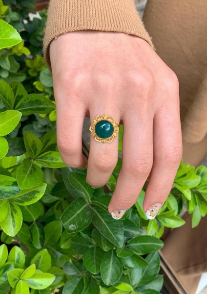 Kadın 14 Ayar Altın Oval Zümrüt Telkari Yüzük