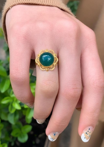 Kadın 14 Ayar Altın Oval Zümrüt Telkari Yüzük fiyatları
