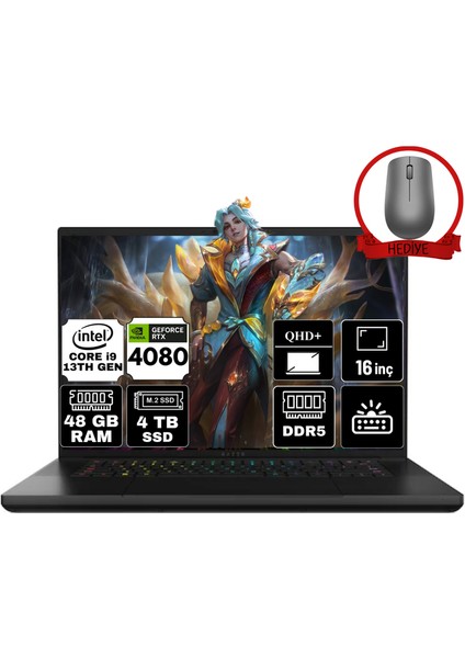 Blade 16 Intel Core I9-13950HX 48GB 4tb SSD RTX4080 Freedos 16'' Qhd+ Taşınabilir Gaming Bilgisayar RZ-0483TEH3-R3E1-B-A13 & Anzar Mouse