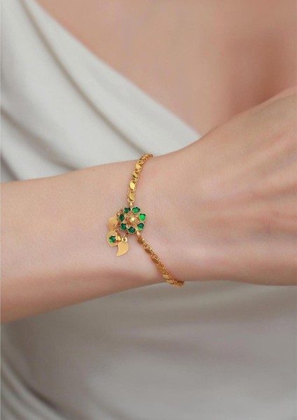 14 Ayar Altın Yeşil Papatya Halep Bileklik