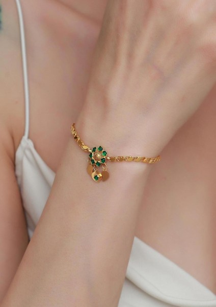 14 Ayar Altın Yeşil Papatya Halep Bileklik modelleri