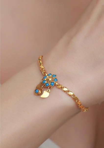 14 Ayar Altın Mavi Papatya Halep Bileklik