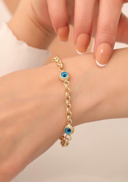 14 Ayar Altın Üç Gözlü Orta Kalın Mavi Doç Bileklik