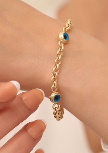 14 Ayar Altın Üç Gözlü Orta Kalın Mavi Doç Bileklik fiyatları