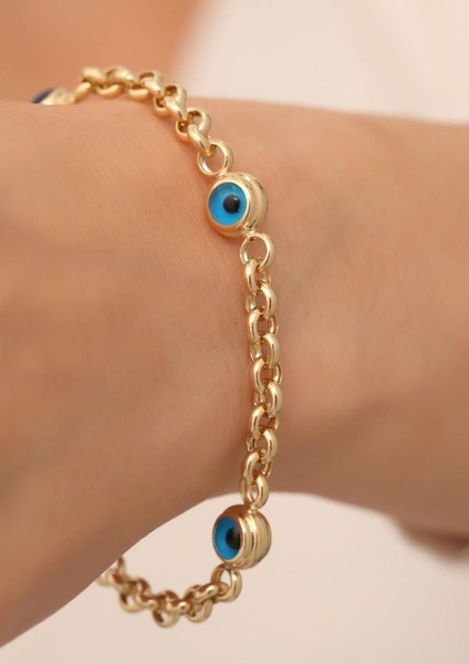 14 Ayar Altın Üç Gözlü Orta Kalın Mavi Doç Bileklik modelleri