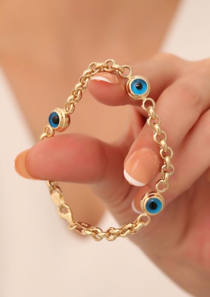 14 Ayar Altın Üç Gözlü Orta Kalın Mavi Doç Bileklik fırsatları