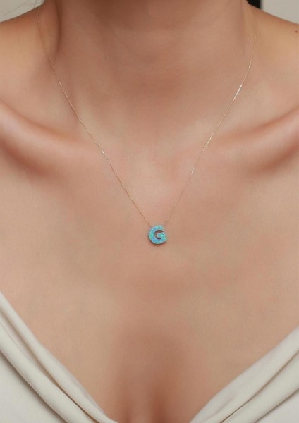 14 Ayar Altın Buz Mavisi Opal Taşlı G Harf Zincir Kolye