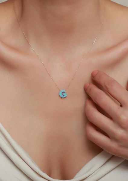 14 Ayar Altın Buz Mavisi Opal Taşlı G Harf Zincir Kolye
