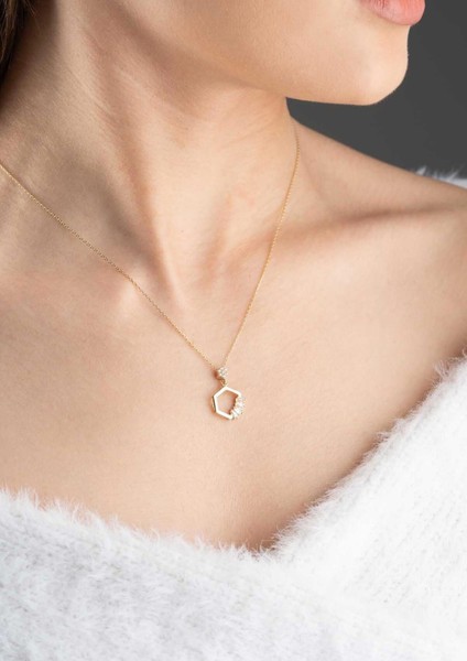 14 Ayar Altın Baget Taşlı Altıgen Kolye