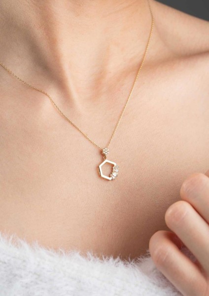 14 Ayar Altın Baget Taşlı Altıgen Kolye fiyatları