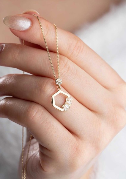 14 Ayar Altın Baget Taşlı Altıgen Kolye modelleri