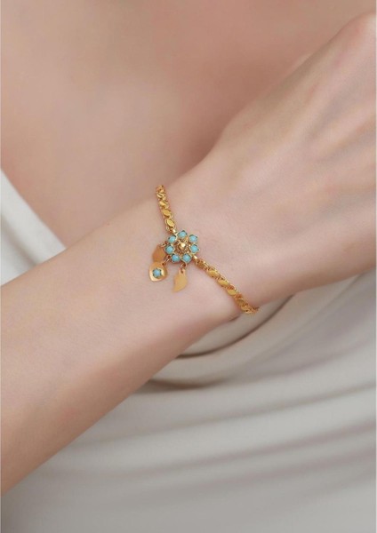14 Ayar Altın Turkuaz Papatya Halep Bileklik