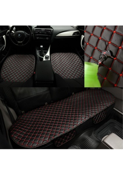 Oto Koltuk Minderi Suni Deri Ön Iki Koltuk ve Arka Oturak 3'lü Ön Siyah Kırmızı