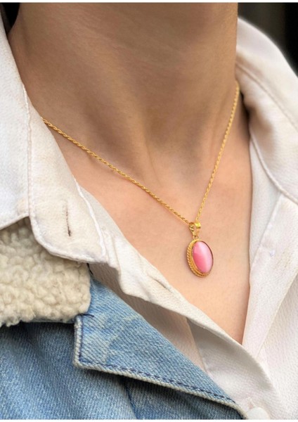 14 Ayar Altın Pembe Kaplan Gözlü Kolye