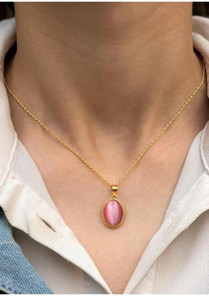 14 Ayar Altın Pembe Kaplan Gözlü Kolye
