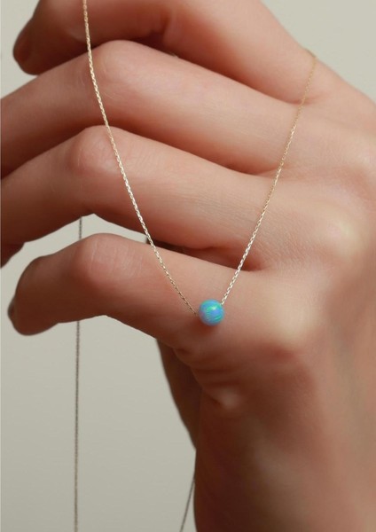 14 Ayar Altın Buz Mavisi Opal Taşlı Top Kolye