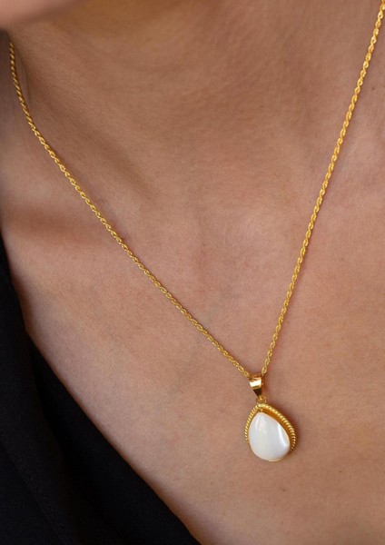 14 Ayar Altın Sedef Taşlı Kolye Damla Model