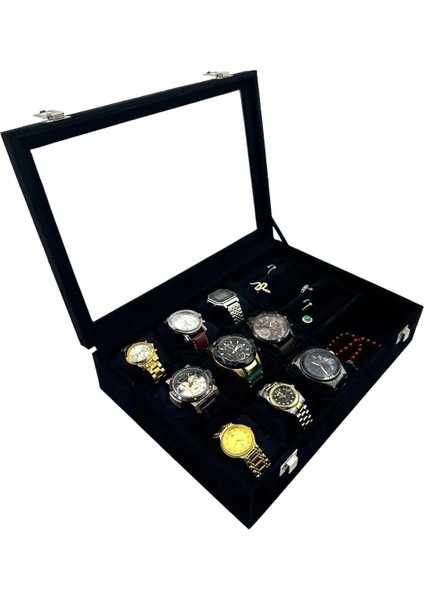 Richbox 9'lu Saat Çantası Kombin Bilezik Bileklik Yüzük Broş Kol Düğmesi Takı Saat Kutusu Alc. Siyah indirimleri